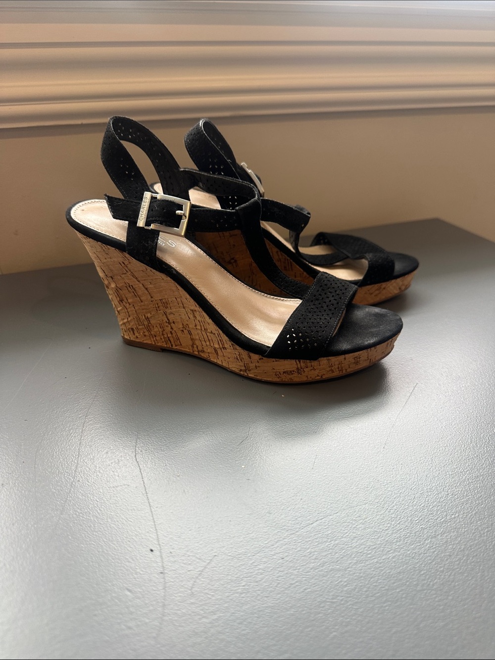 Charles David Black Cork Platform Wedge Sandals with Ankle Buckle